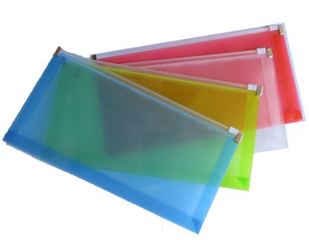 OMURA Plastic Envelopes with Zipper #10 Size (5.25" x 1" x 10"), PACK 4