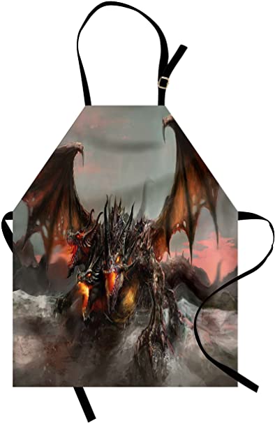 Ambesonne Fantasy World Apron, Illustration of 3 Headed Fire Breathing Dragon Large Monster Gothic Theme, Unisex Kitchen Bib with Adjustable Neck for Cooking Gardening, Adult Size, Brown Grey