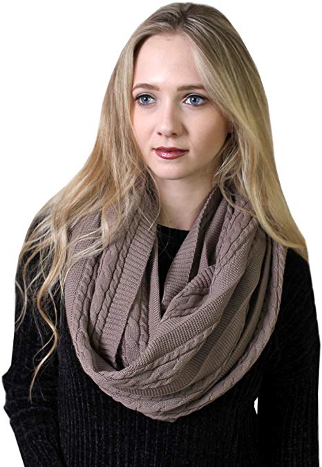 Women's Cable Knit Infinity Loop Scarf, 100% Organic Cotton, Super Soft Stretch Warm All-Season Breathable (10 COLORS)