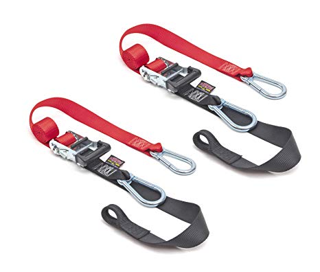 PowerTye 1½" x 6½ft Heavy-Duty Ratchet Tie-Downs, Made in USA with Soft-Tye and Carabiner Hooks, Red/Black (pair)