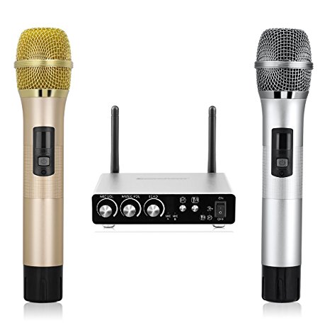 Excelvan K28 Dual Wireless Microphone Bluetooth with Receiver Box Various Frequency Full-Metal for Home KTV Education (Golden Silver)