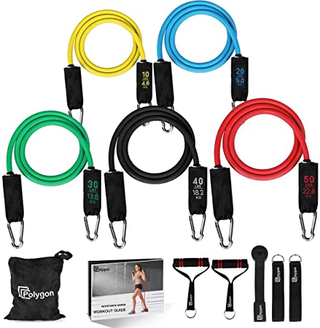 Polygon Resistance Bands Set, Exercise Tubes with Handles, Door Anchor and Ankle Straps - Stackable Up to 150 lbs - Workout Bands for Resistance Training, Physical Therapy, Home Workouts