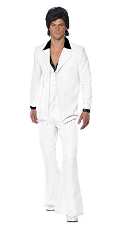 Smiffys Adult Men's 1970's Suit Costume, Jacket With Mock Shirt and Waistcoat and Trousers, 70 Disco, Serious Fun ,Medium