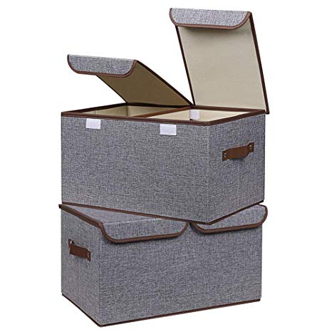 UUJOLY Large Storage Bins Linen Fabric Foldable Basket Cubes Organizer Storage Drawer with Lid and Handles for Home, Office, Closet, Bedroom, Nursery (Grey-2pcs)