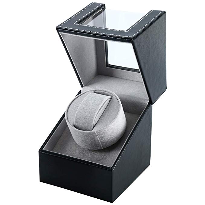 Homend Single Watch Winder in Black Leather, Quiet Japanese Mabuchi Motor, Battery (not Included) Powered or AC Adapter