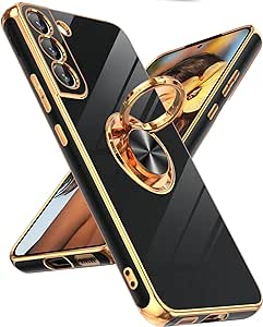 LeYi for Samsung Galaxy S22 Plus Case 360° Rotatable Ring Holder Magnetic Kickstand, Plating Rose Gold Edge Protective Galaxy S22 Plus/ S22  Case, Black