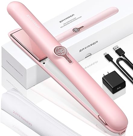 Portable Hair Straightener, Cordless Hair Straightener and Curler 2 in 1, Travel Friendly Cordless Flat Iron Straightening Iron for On The Go Styling w/ 6 Temps, Heat-Proof Pouch, 15 Mins Auto Off