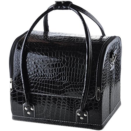 AW Black 11x9x10" Crocodile Makeup Cosmetic Train Bag Handbag Case w/ Removable Tray Jewelry Ring