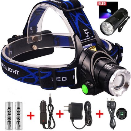 9 LED Flashlight 3 Modes Zoomable 1800 Lumens Led Headlamp Comfortable Hands-free Head light-For Camping Biking Working Hunting Led headlight Wth 2 Rechargeable 18650 Batteries  Car Charger