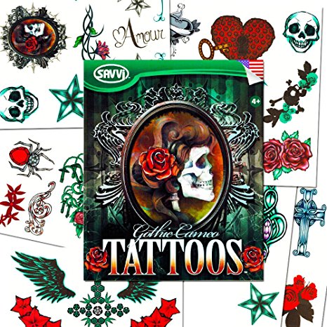 Savvi Skull Tattoos For Girls Costume Set (36 Gothic Temporary Tattoos, Including Skulls, Roses, Stars, Hearts and More!)
