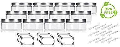 Clear PET Plastic (BPA Free) Refillable Low Profile Jar with Silver Metal Lid - 8 oz (12 pack)   Spatulas and Labels
