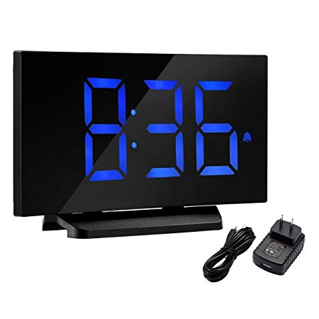 Digital Alarm Clock, Atmoko 5'' LED Display Clock with Curved-screen and Dimmer, Snooze Function, 3 Adjustable Alarm Sounds, Bedside Alarm Clock for Bedroom, Kitchen, Office-Blue