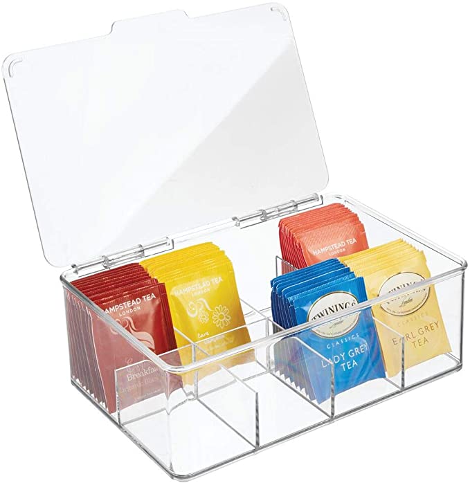 mDesign Tea Storage Boxes - Plastic Tea Box with 8 Compartments Holds up to 100 Tea Bags - Stackable Tea Bag Holder - Clear