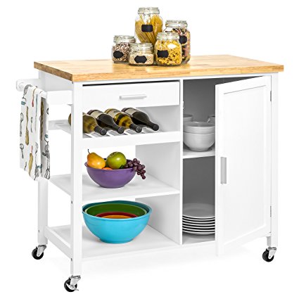 Best Choice Products Mobile Kitchen Island Storage Cocktail Cart w/ Wine Shelf & Towel Rack - White