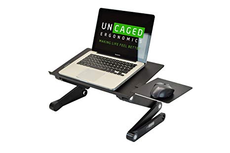 Uncaged Ergonomics WorkEZ BEST Laptop Cooling Stand with Mouse Pad adjustable height & angle lap desk for bed couch. folding aluminum standing desk MacBook riser, Black (WEBLS-b)