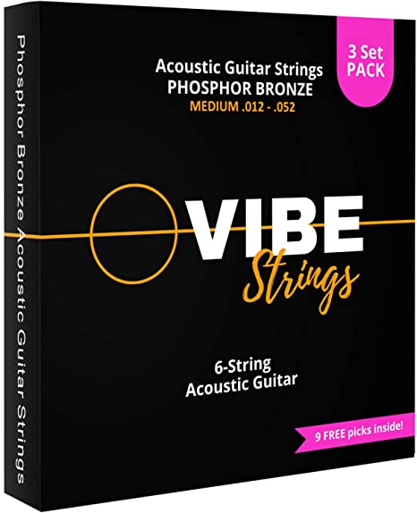 VIBE Strings Acoustic Guitar Strings Medium (.012-.052), Phosphor Bronze, Pack of 3 Sets