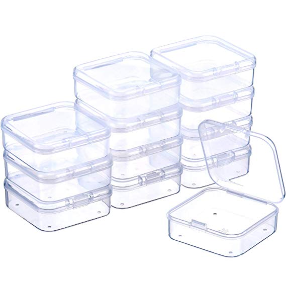 SATINIOR 12 Pack Small Rectangle Clear Plastic Containers Box with Hinged Lid Bead Storage Box Case (2.12 x 2.12 x 0.79 Inch)