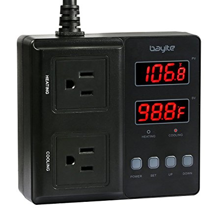 bayite BTC211 1650W Digital Temperature Controller Outlet Thermostat, Pre-wired, 2 Stage Heating and Cooling Mode, 110V - 240V 15A