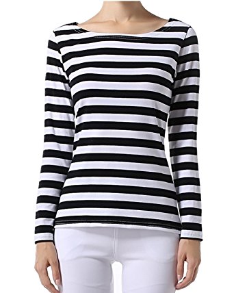 OUGES Women's Long Sleeve Stripe Pattern T-Shirt Loose Casual Tops