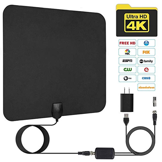 JFONG TV Antenna, Indoor Digital Amplified HDTV Antennas 50-80 Miles Range with Detachable Signal Amplifier, UL Adapter and 16.5FT Longer Coax Cable - Support 4K 1080p (Black)