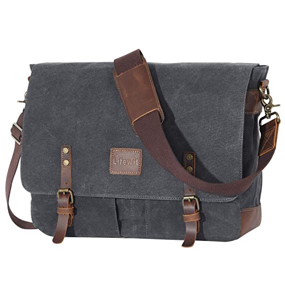 Lifewit 15.6 inch Waxed Canvas Laptop Messenger Trim Leather Water Resistant Satchel Bags (Grey)