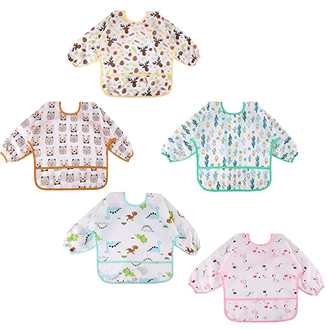 Lictin Baby Bibs with Sleeves 5 Pcs Long Sleeved Waterproof Bibs Baby Smock(0-2 Years)