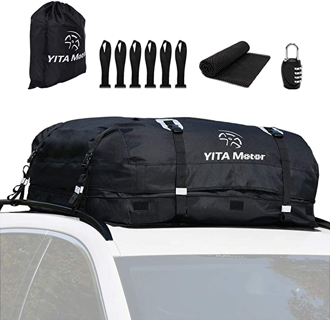 YITAMOTOR Cargo Top Carrier Roof Bag, 19 Cubic ft Car 600D PVC Rooftop Travel Storage Luggage Bag Box Soft-Shell for Cars with or Without Racks （Door Hooks/Anti-Slip Mat/Lock inclued ）