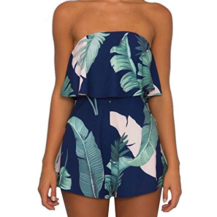 Women Off Shoulder Romper Strapless Floral Print Romper Summer Beach Shorts Romper Jumpsuit