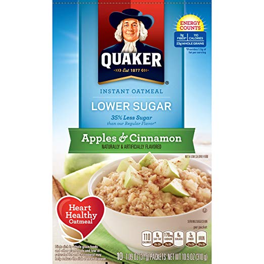 Quaker Instant Oatmeal, Lower Sugar, Apples & Cinnamon, Breakfast Cereal, 10 Packets Per Box