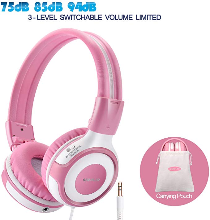 SIMOLIO Headphones for Kids with Share Port, 94-85-75dB Volume Limited Kids Headphone with Portable Bag, Toddlers Headphones with Cute Storage Bag, Kids Headsets for Girls/School/Travel (Pink & White)