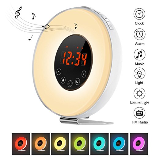 Wake Up Light Alarm Clock, Sunrise/Sunset Simulation, 6 Nature Sounds, FM Radio, 7 Colors LED Night Light with Smart Snooze Function, Touch Control and USB Rechargeable, Perfect for Heavy Sleepers
