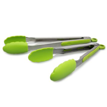 Lucentee 2-Piece Tong Set - 9 Salad Tongs  12 Barbecue BBQ Tongs - Stainless Steel Food Tongs with Silicone Tips for Extra Grip Apple Green