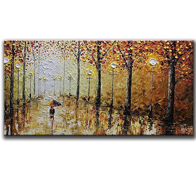 Asdam Art-Romatic Night Light Oil Paintings On Canvas Hand Painted 3D Painting Moder Landscape Wall Art For Living Room Bedroom Office Home Wall Decor Large Artwork(24X48inch)