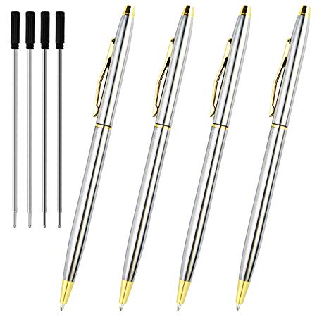 Ballpoint Pen, Ballpoint Pens Black Ink Retractable Pens Metal Pens Ball Point Medium 1.0mm School Office Pen for Men Women (Silver Pens With Black Ink, 4 Pack)