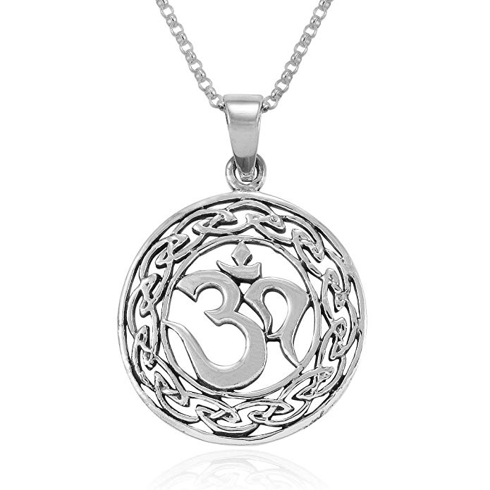 MIMI Sterling Silver Yoga Om Aum Ohm Celtic Knot Filigree Round Pendant Necklace, 18 inches