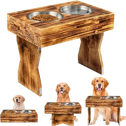 Elevated Dog Bowls with 2 Stainless Steel Dog Food Bowls-3 Height Adjustable Raised Dog Bowl Stand Non-Slip Dog Bowl Holder- Wooden Dog Feeding Station for Small Medium Dogs and Cats
