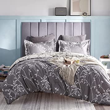 CozyLux 3-Pieces Reversible Comforter Set King Size Grey and White with Tree Branch Pattern Printed Lightweight Soft Down Alternative Duvet Insert - Fluffy Microfiber Bedding Set for All Season