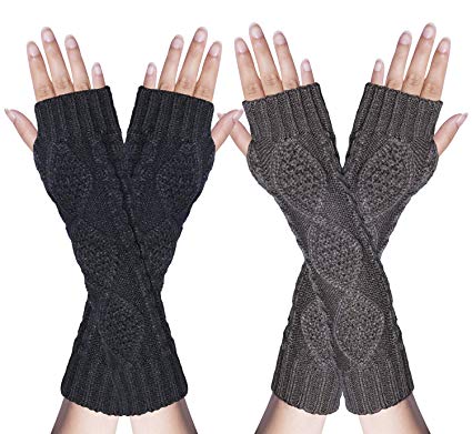 2 Pairs Women Winter Warm Knit Fingerless Gloves Hand Crochet Thumbhole Arm Warmers Mittens