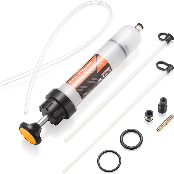 FOUR UNCLES 200cc Fluid Extractor, Extraction & Fill Pump, Oil Change Syringe with Hose and 23" Extension Tube, Automotive Oil Syringe, Fluid Oil Change Evacuator