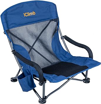 iClimb Low Wide Beach Camping Folding Chair with Side Pocket and Carry Bag (1, Navy)