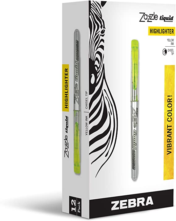 Zebra Zazzle Liquid Ink Highlighter, Chisel Tip, Yellow, 12-Count