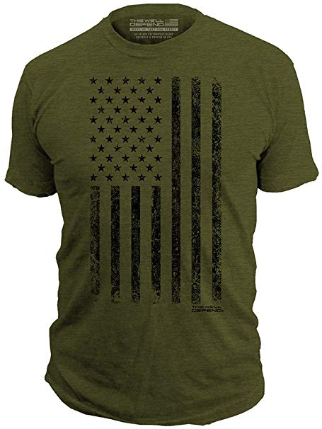 This We'll Defend - Distressed American Flag - Made of USA - Mens 52/48 Premium T-Shirt, Olive Heather