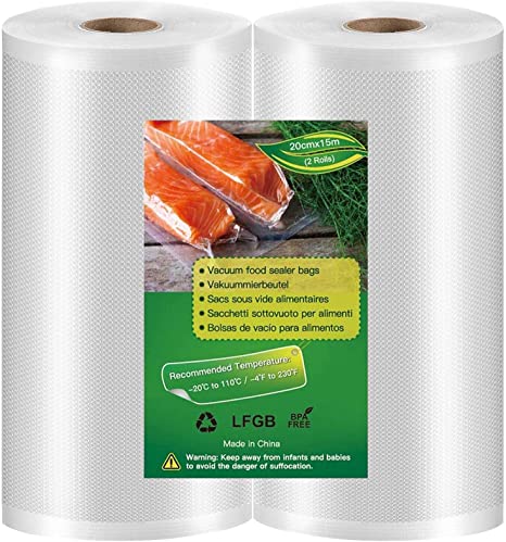 Vacuum Sealer Bags 8''x50'ft（Total 100 feet）2 Rolls 20cmx15m Vacuum Sealer Rolls Fit for All Vacuum Sealers BPA Free, Puncture Prevention, Great for vac Storage, Meal Prep or Sous Vide