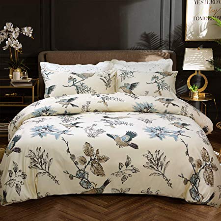 Softta Bedding Set Flying Birds Printing Floral Full 3 Pcs Quincy Natural Bamboo Fiber   Egyptian Cotton Super Soft Hypoallergenic Environmental Protection Khaki for Naked Sleep