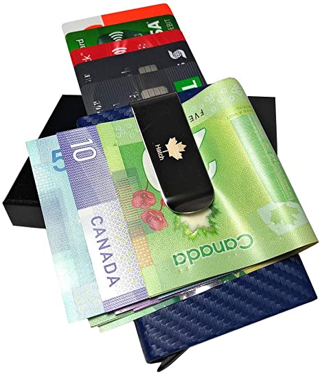 Money Clip Wallet for Men – RFID Minimalist Wallet - Slim Metal Wallet – Carbon PU Leather Smart wallet - Cascade Credit Card wallets – Secure Pop-up Wallets for Men (Blue)