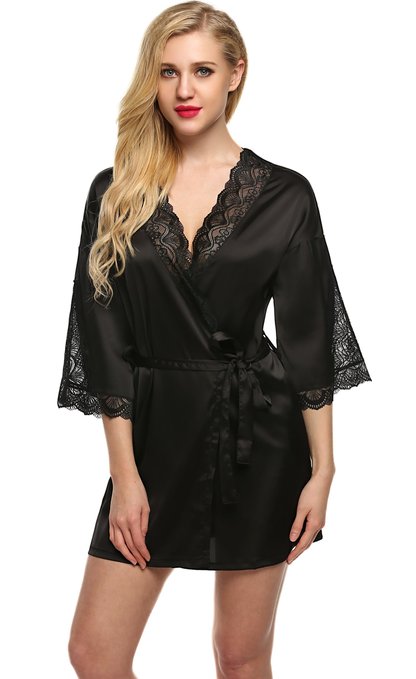 Robes Womens Short Kimono Bathrobes Satin Sleepwear Lingerie (XS-XL)