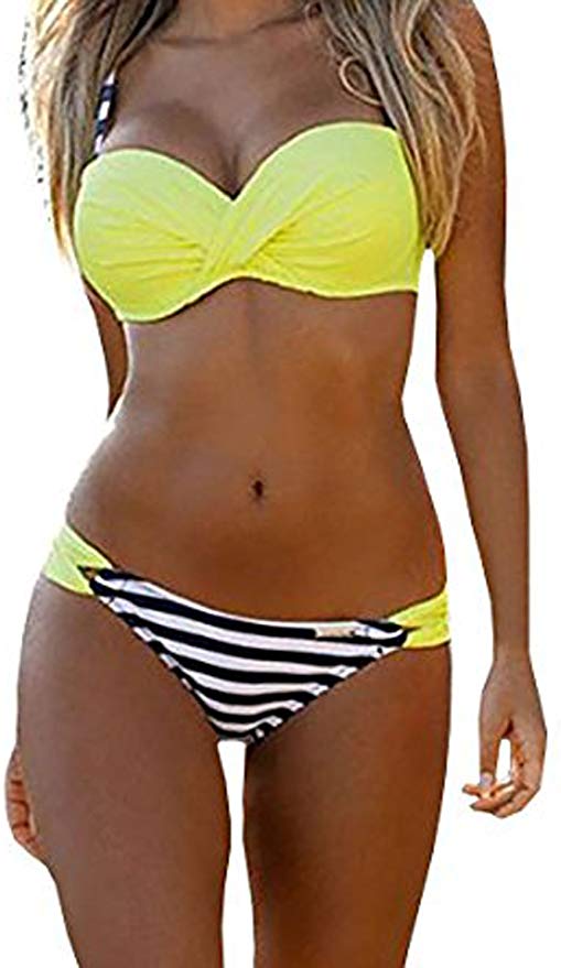 EVALESS Women Swimwear Two Piece Shoulder Strappy Swimsuit Padded Bikini Set Bathing Suits