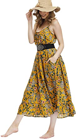 BUENOS NINOS Women's V Neck Floral Maxi Dress Boho Printed Adjustable Spaghetti Strap Ethnic Beach Long Dress with Pockets