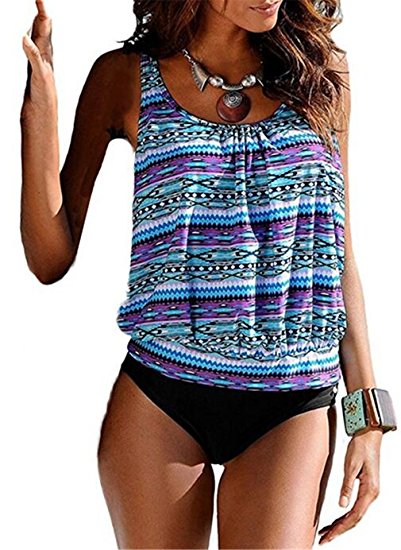 Happy Sailed Women Push Up Padded Printed Sporty Tankini Swimsuits Bathing Suit S-XXL
