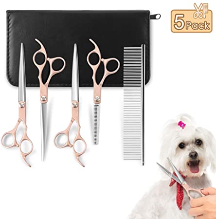 YOUTHINK Pet Grooming Scissors Stainless Steel 5 Pieces Gold Dog Hair Cutting Scissors Kit for Body Face Ear Nose Paw of Dogs and Cats 6-7 inch(16.5-19.5cm)